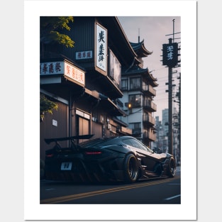Dark Sports Car in Japanese City Posters and Art